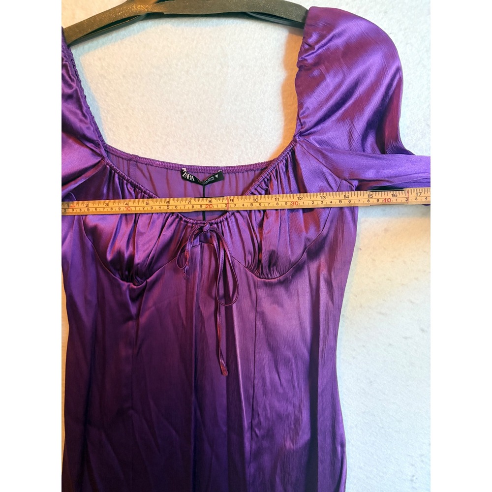 Zara Purple Satin Ruched Mini Dress Long Sleeve Sweetheart Tie NWT Large - Picture 8 of 8